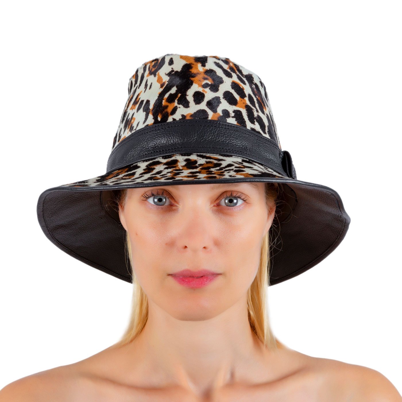 BUCKET ANIMAL PRINT LEATHER HAT FRONT