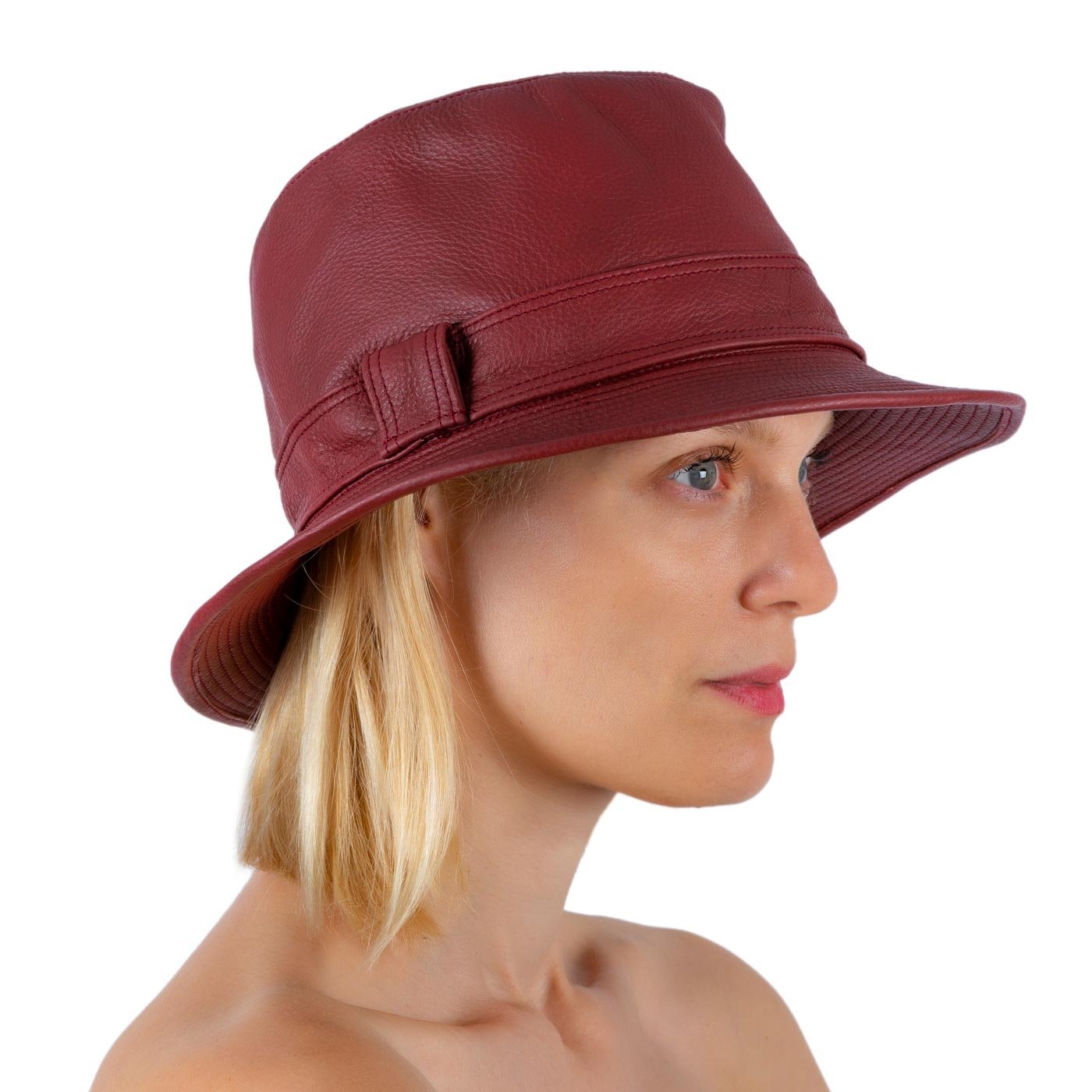 BUCKET BURGUNDY LEATHER HAT SIDE