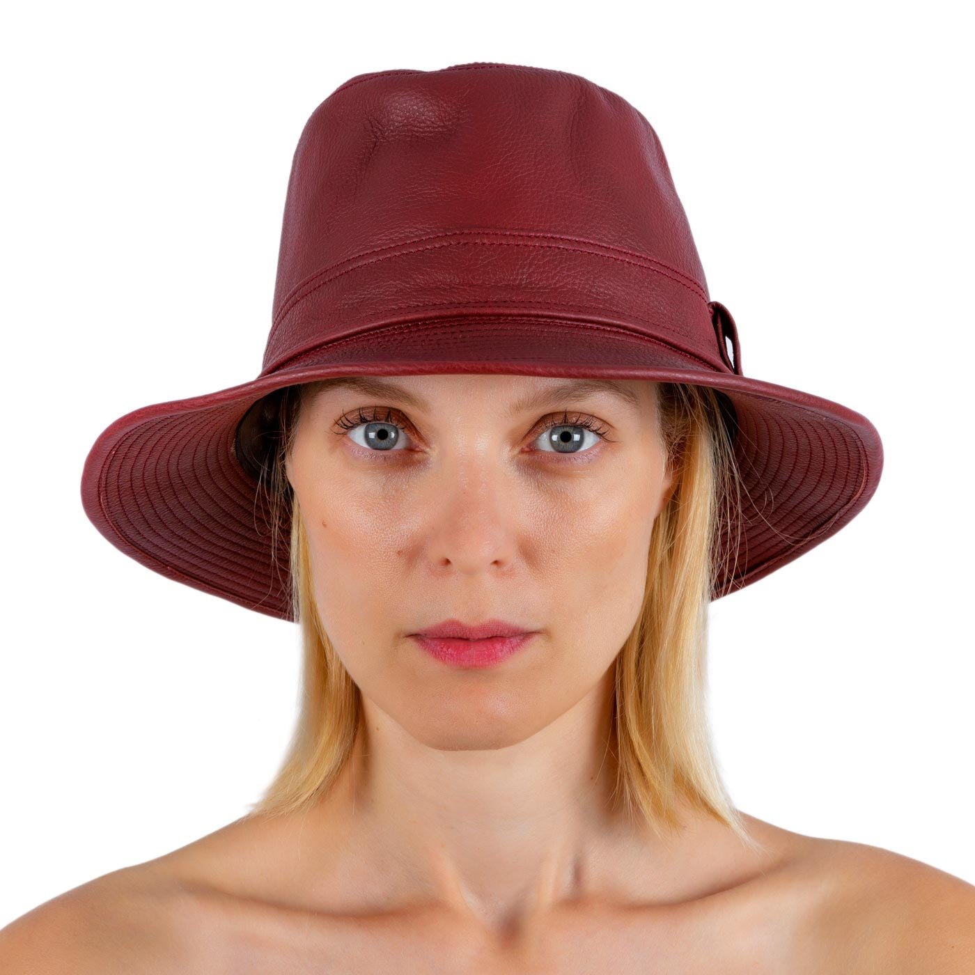 BUCKET BURGUNDY LEATHER HAT FRONT