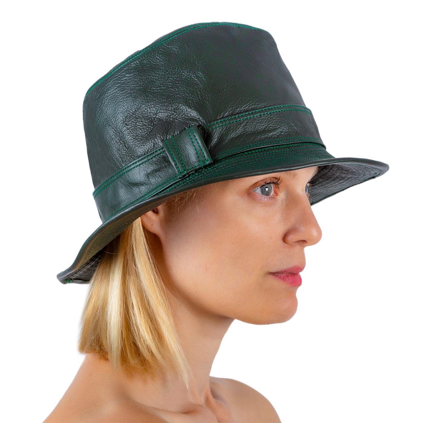 BUCKET DARK GREEN LEATHER HAT SIDE