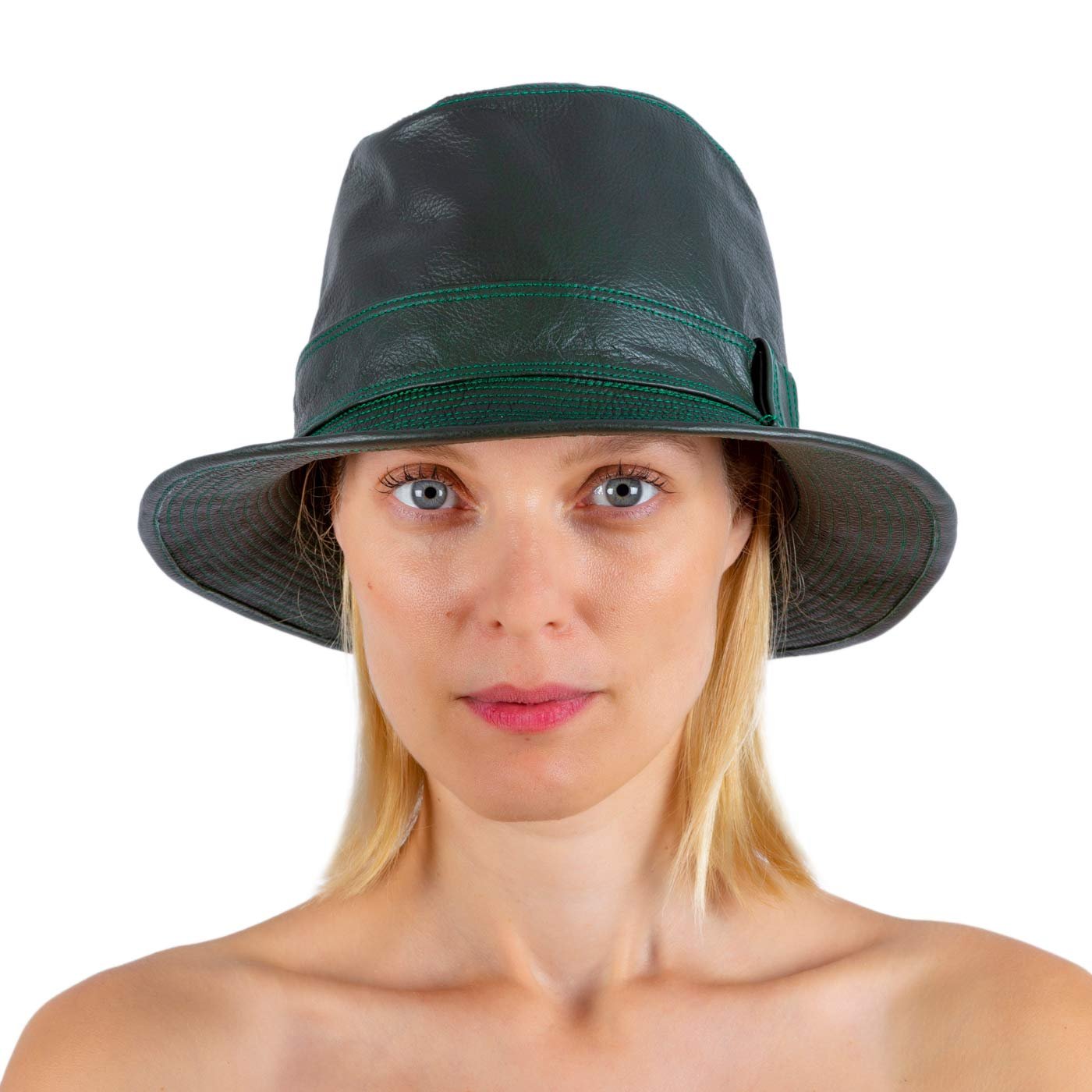 BUCKET DARK GREEN LEATHER HAT FRONT
