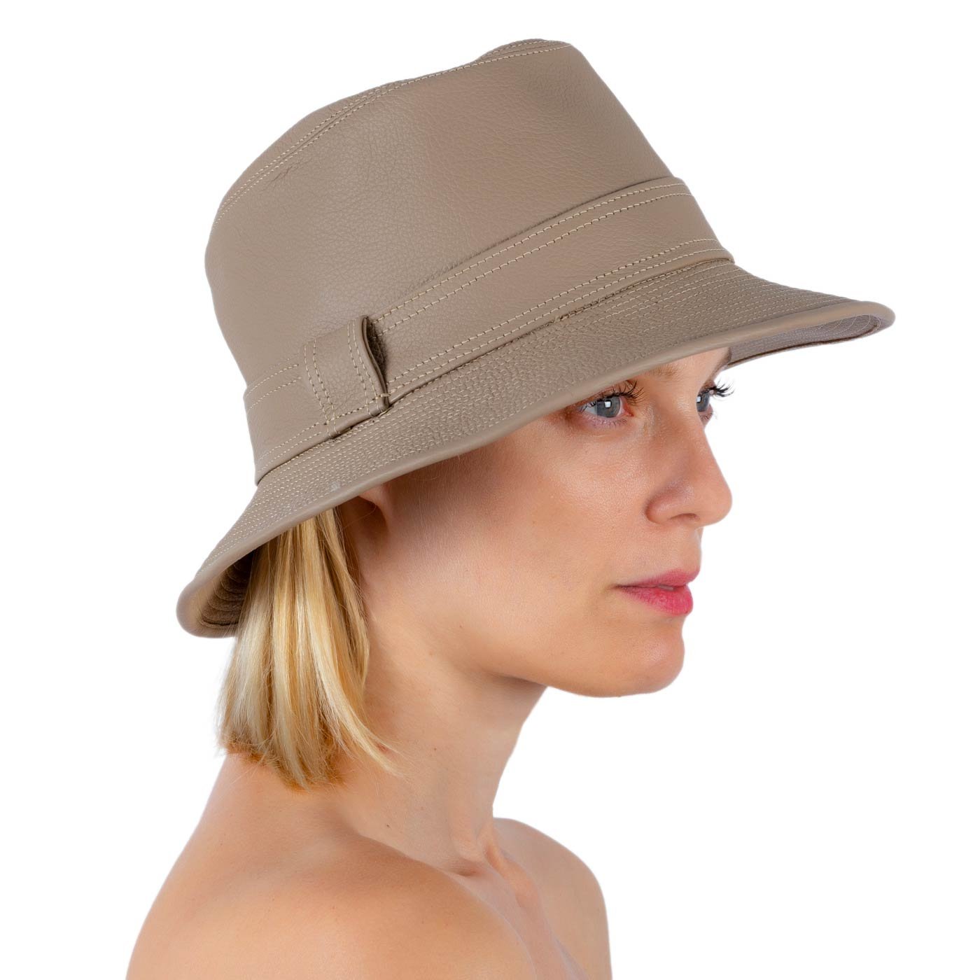 BUCKET TAUPE LEATHER HAT SIDE
