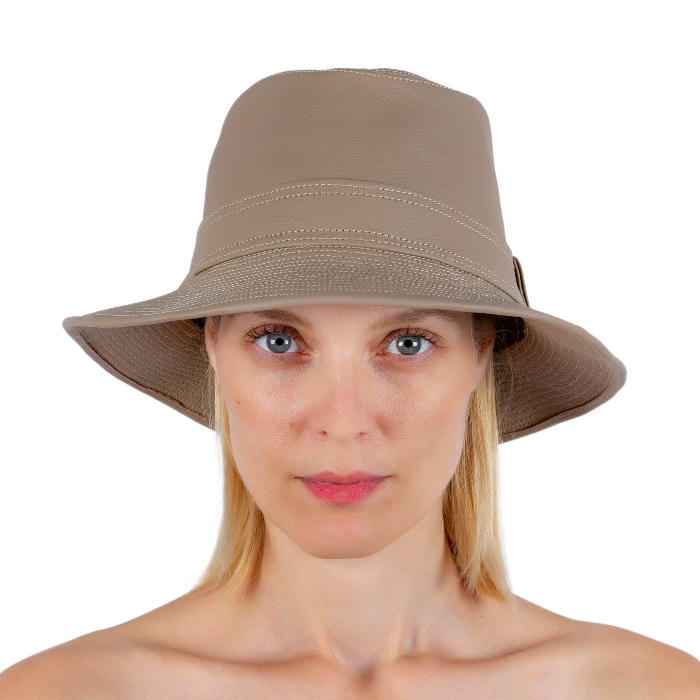 BUCKET TAUPE LEATHER HAT FRONT