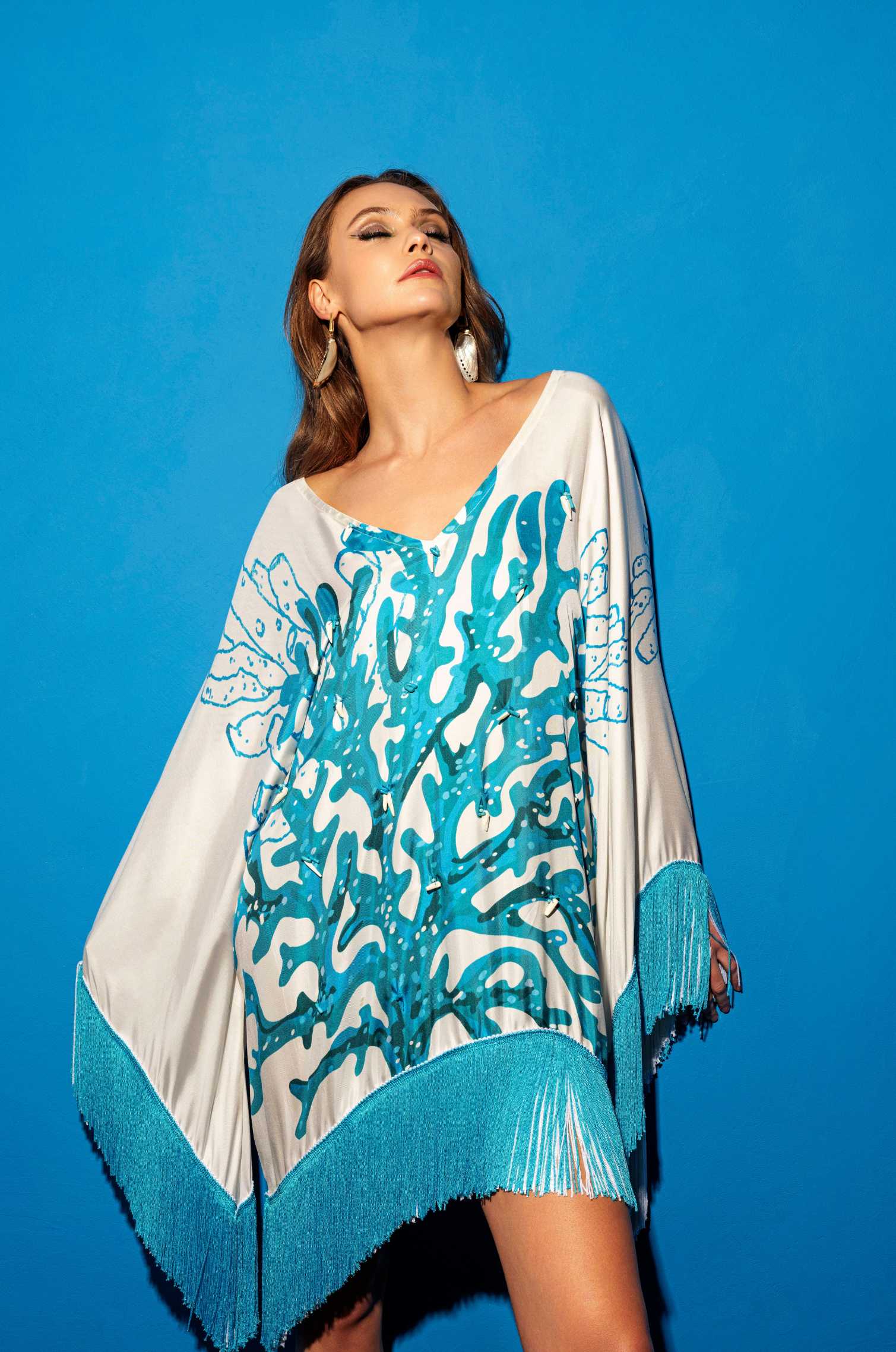 Embellished corals silk poncho & white skirt