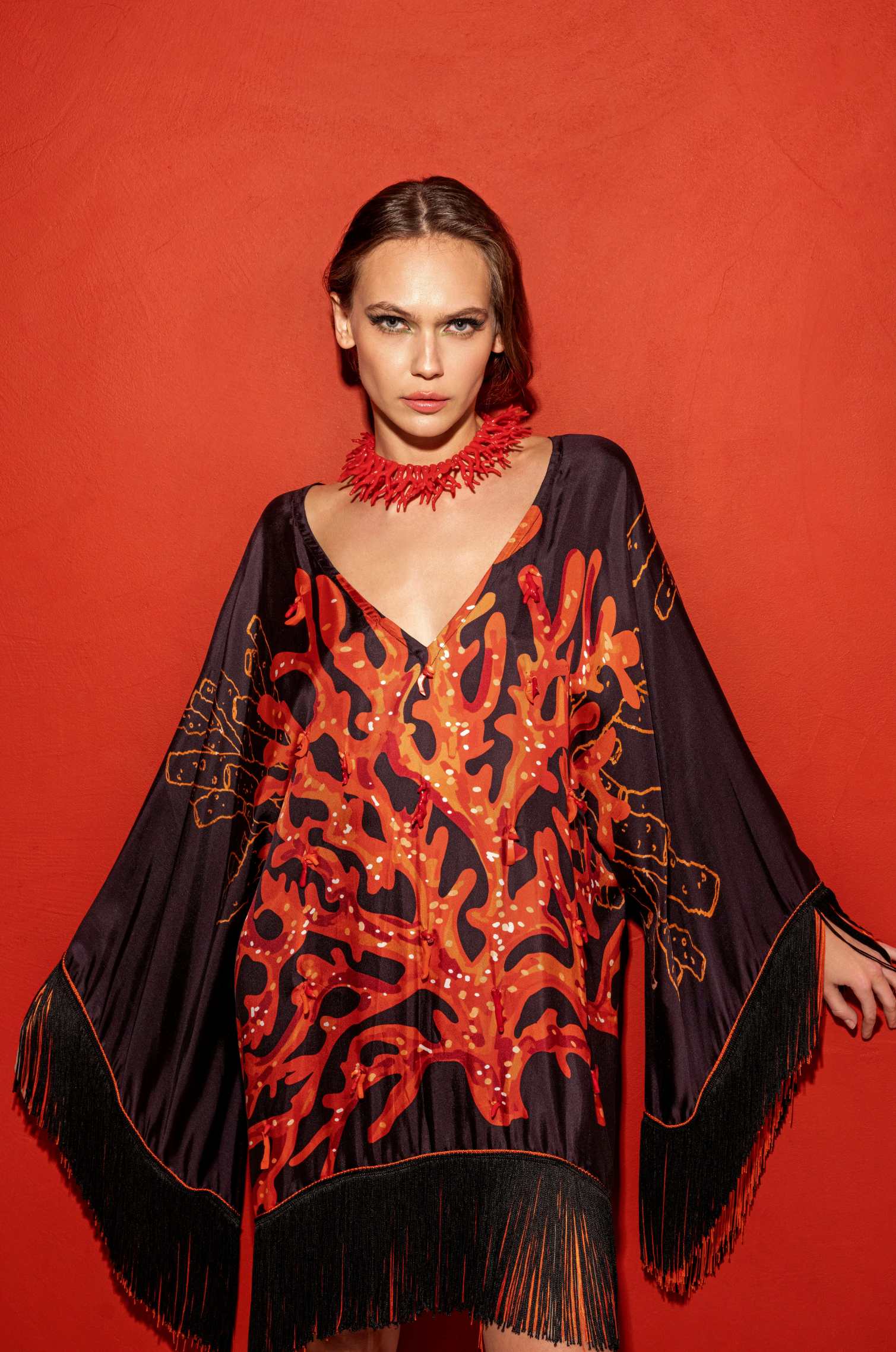 EMBELLISHED CORALS TWILL SILK PONCHO & BLACK SKIRT