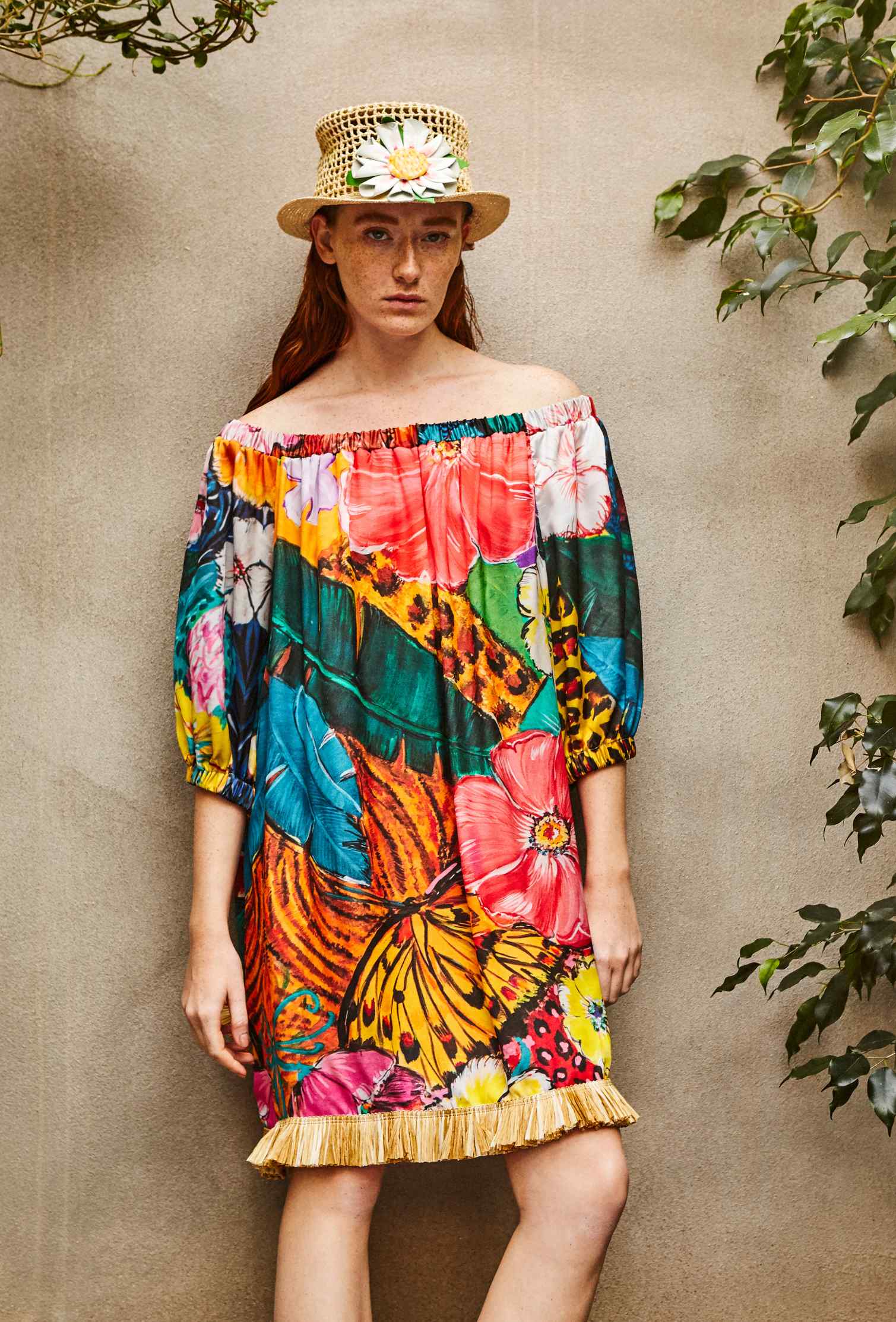 Fleur jungle off-shoulder mini dress