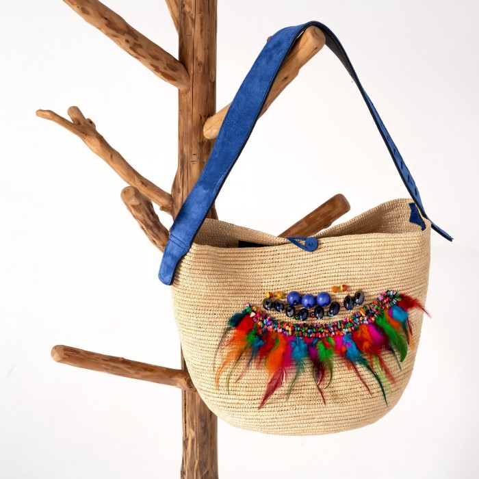 FEATHERS & BEADS CROCHET PANAMA BAG