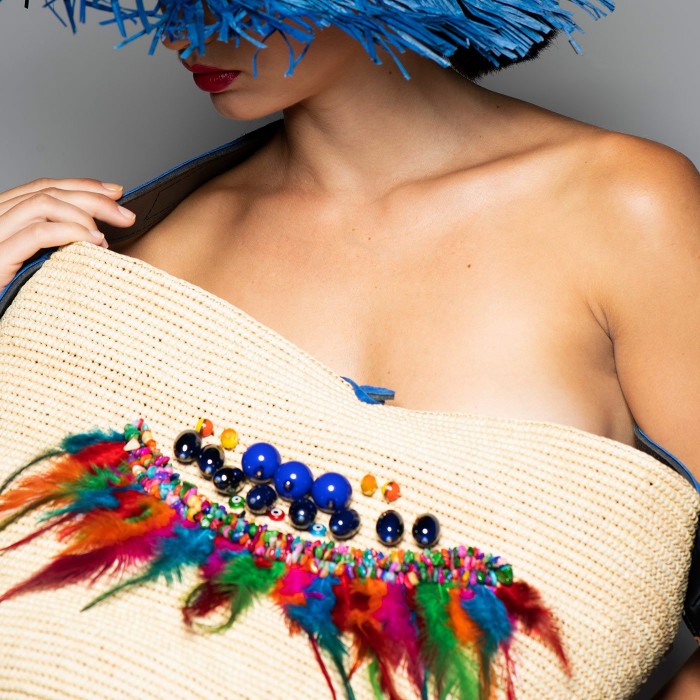 FEATHERS & BEADS CROCHET PANAMA BAG