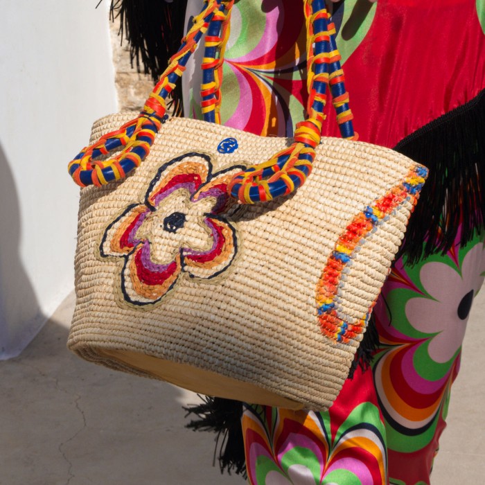 60's SPRING FLOWER CROCHET PANAMA BAG