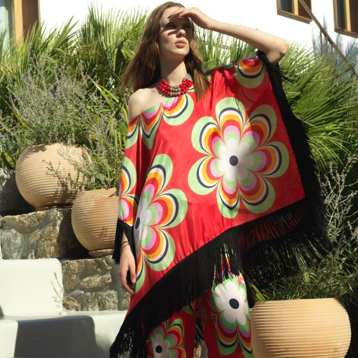 60's SPRING FLOWER SILK PONCHO