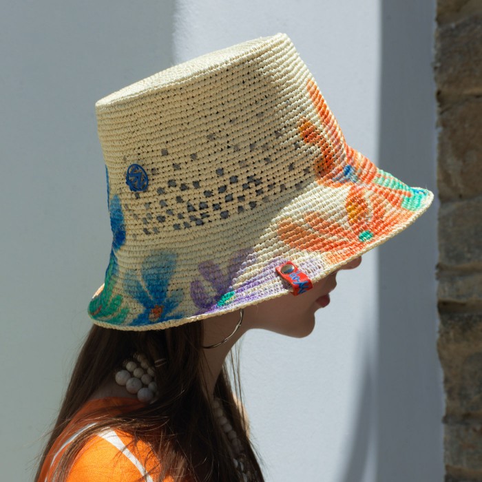 60’s DOTS  FLOWERS BUCKET CROCHET PANAMA HAT