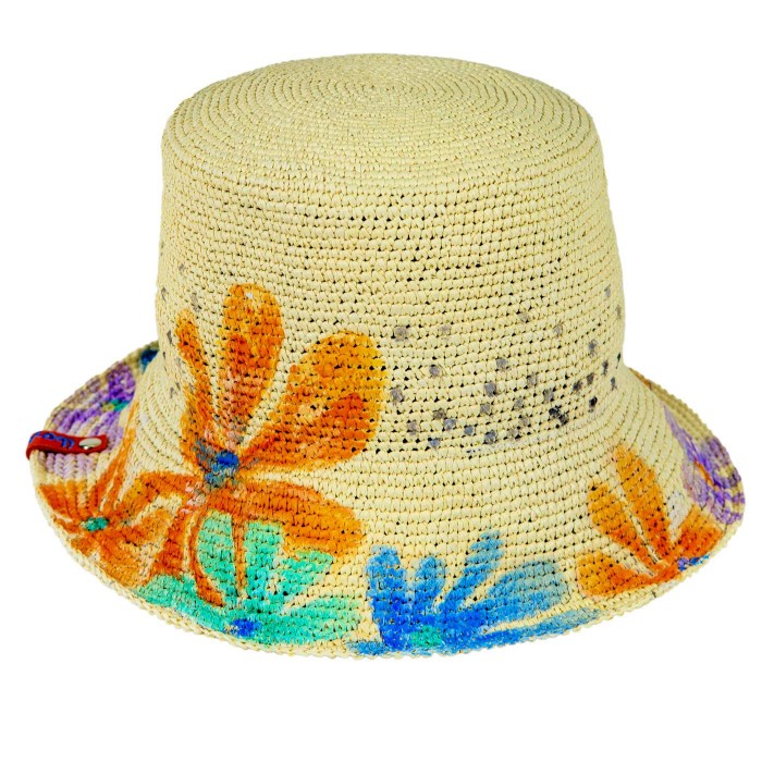 60’s DOTS  FLOWERS BUCKET CROCHET PANAMA HAT