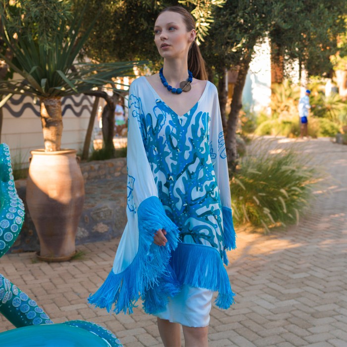 EMBELLISHED CORALS TWILL SILK PONCHO & WHITE SKIRT