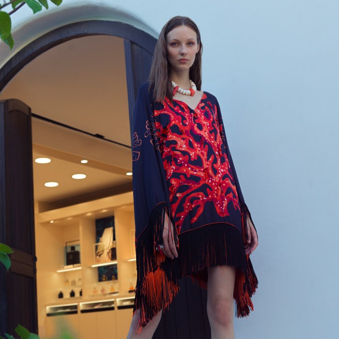 EMBELLISHED CORALS TWILL SILK PONCHO & BLACK SKIRT