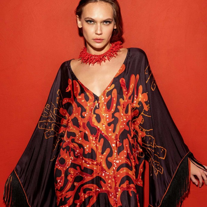 EMBELLISHED CORALS TWILL SILK PONCHO & BLACK SKIRT