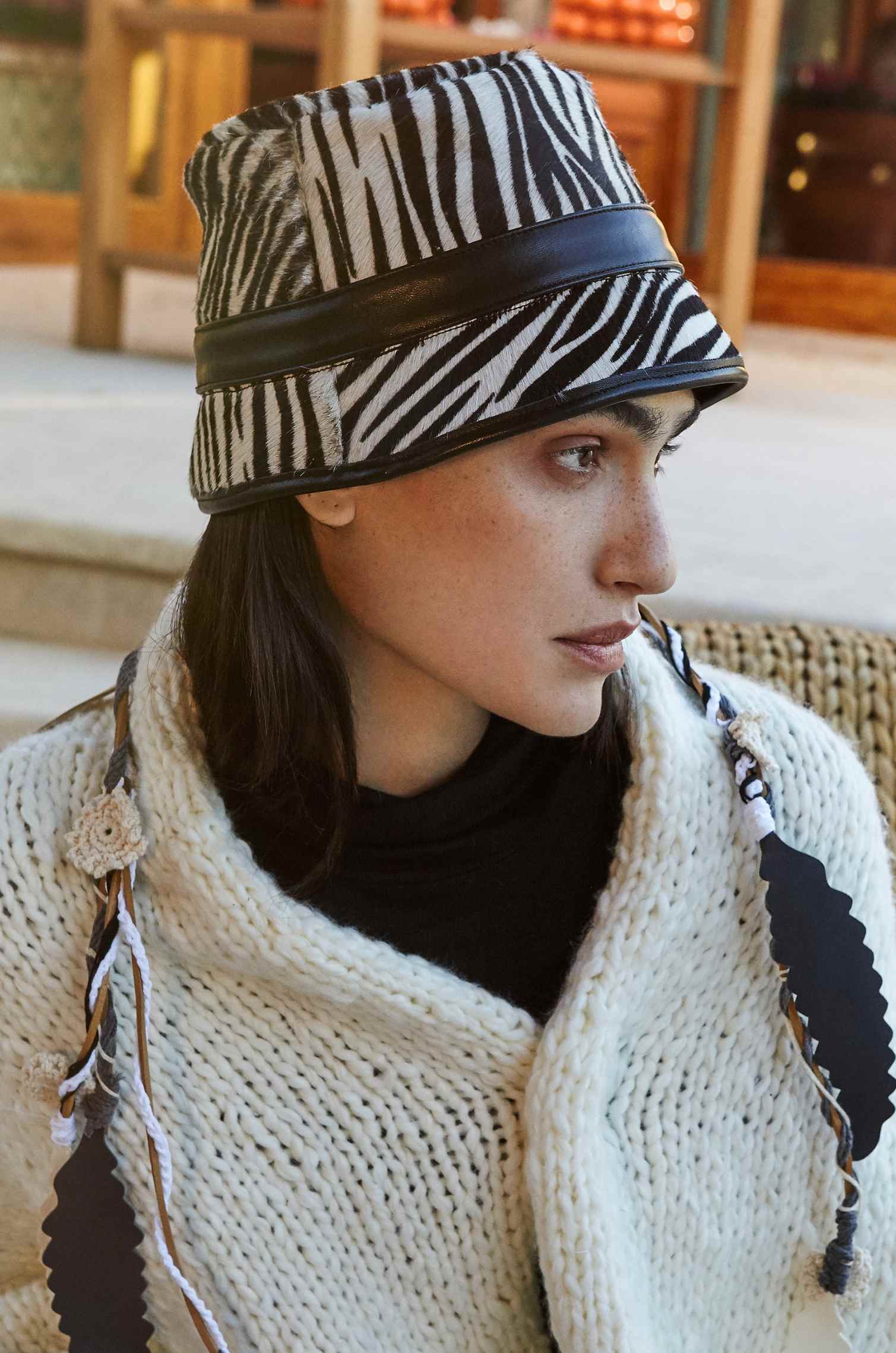 Bucket Calfskin Zebra Hat
